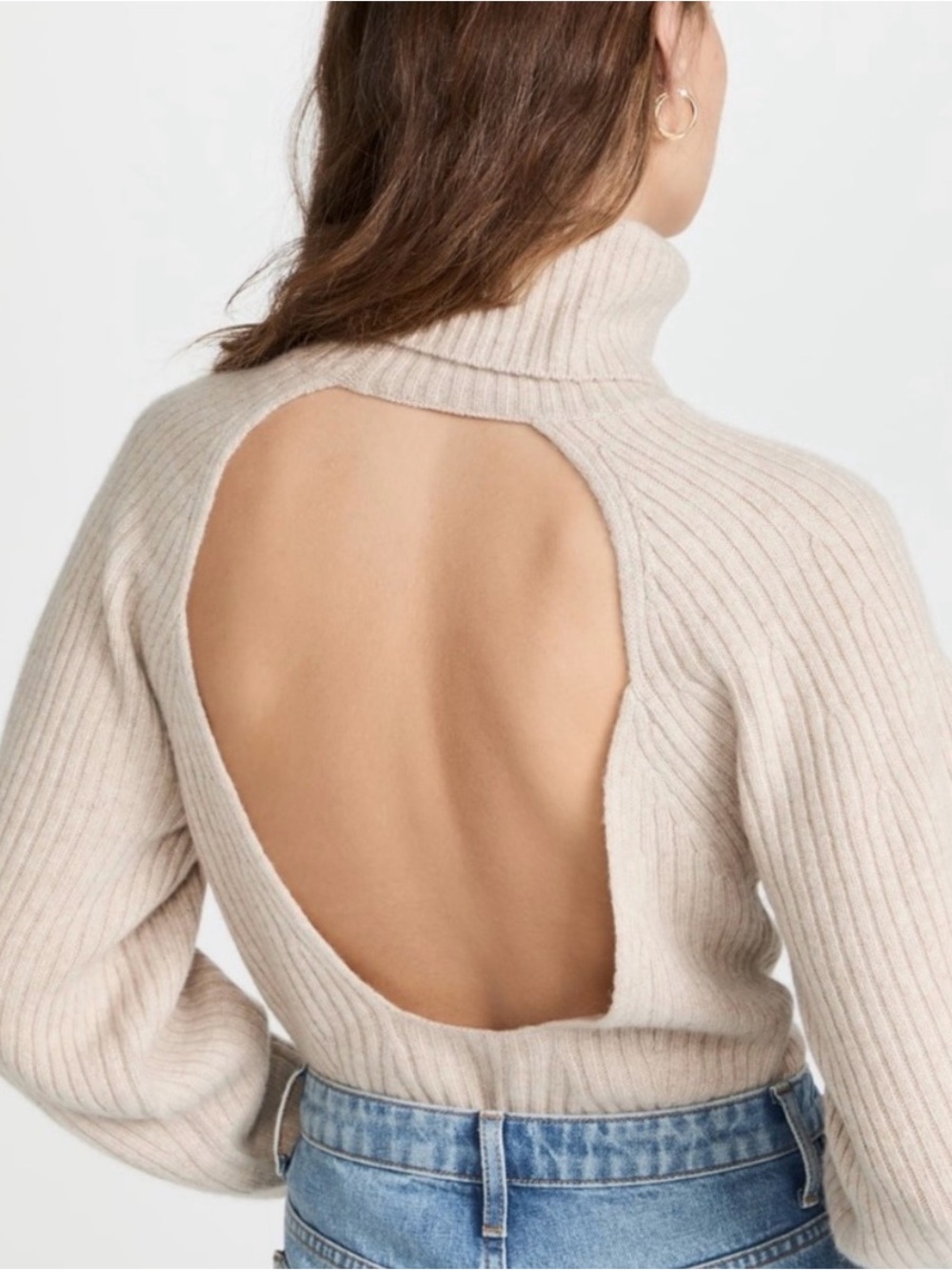 Vince. 100% Cashmere Turtle Neck Open Back Ribbed Tan Beige Long Sleeve Sweater